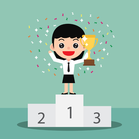 Successful Business Ideas. The female winner stands in the first place on the podium and celebrates her victory with a trophy.のイラスト素材