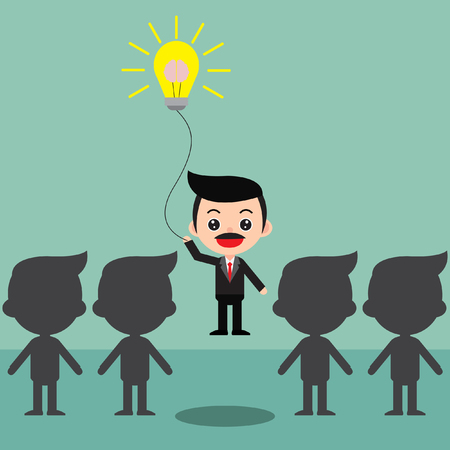 Businessman flying by idea balloon out from the crowd.のイラスト素材