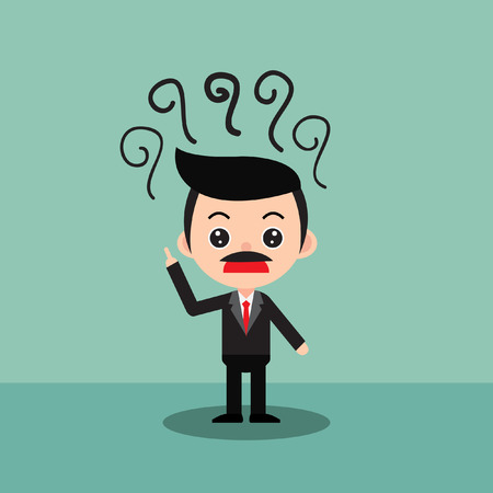 Thinking businessman standing under question marks.のイラスト素材