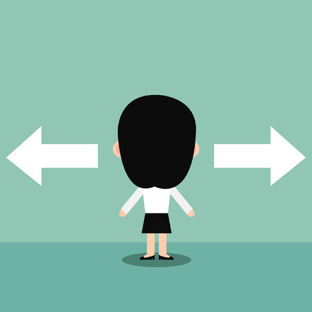 Businesswoman standing in front of two arrow.のイラスト素材