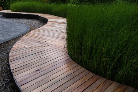 Wood bridge in park on a sunny dayの写真素材