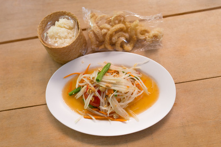papaya salad with sticky riceの写真素材