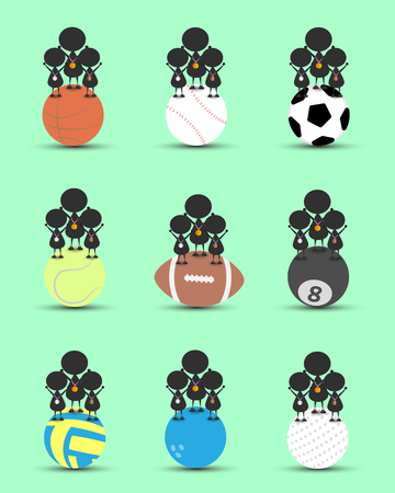 Black man character cartoon stand on single sports ball and get bronze silver gold medal . Flat graphic. logo design. sports cartoon. sports balls. victory sign. vector.のイラスト素材