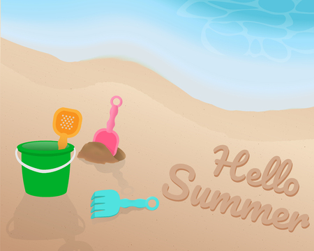Green orange pink blue Beach toy on the beach. Hello Summer on the sand with the blue tone of wave. illustration. vector. graphic design. summer season.のイラスト素材