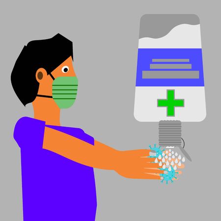 Vector illustration of a person dropping a hand sanitizer into the palm of the hand to kill germs and virusesのイラスト素材