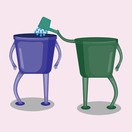 Vector drawing of a cartoon bucket,a bucket that is on the move put water in a friendのイラスト素材