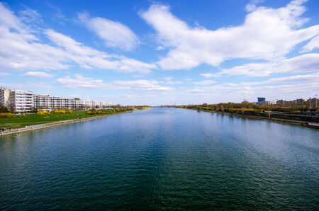 Wien river with blue sky in Vienna, Austriaの写真素材