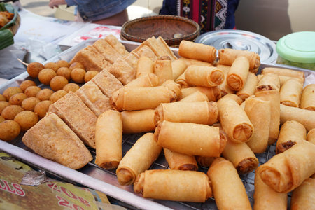 Street food fried spring roll and tofu