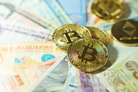 Bitcoin stack on multi national banknote bills background, bitcoin concept, dollar, baht, ringit,...