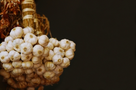 Fresh raw garlic bundle, kitchen raw ingredient concept, copy spaceの写真素材