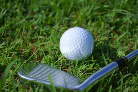 Golf ball and tee on golf green course background, copy spaceの写真素材