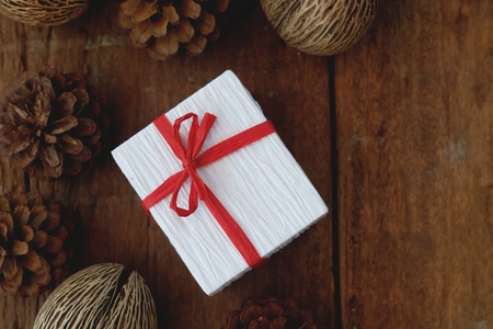 Eco friendly gift boxes wrapped with brown paper, green happy new year present concept, copy spaceの写真素材