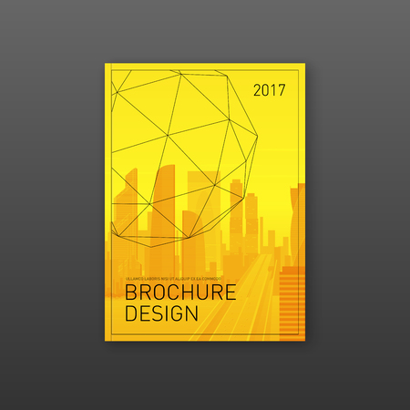 Brochure cover design template for construction or technology company. Abstract geometry with colored cityscape vector illustration on background. Good for annual report, magazine, flyer, leaflet.のイラスト素材
