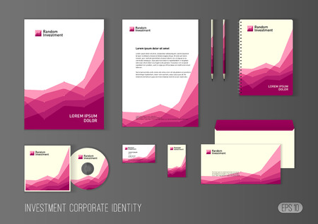 Corporate identity template for investment company, modern stationery template design stylized with charts for investment business. Brochure cover, letterhead, envelope, business card, pen, CD cover.のイラスト素材