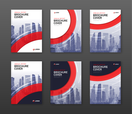 Brochure cover design templates set for construction or finance company. Abstract minimalistic geometry with cityscape vector illustration on background. Good for annual report, magazine, catalog, flyer, leaflet, poster.のイラスト素材