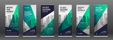 Construction roll up banner design templates set. Abstract geometry with colored cityscape vector illustration on background.のイラスト素材