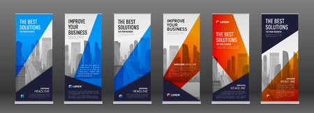 Construction roll up banner design templates set. Abstract geometry with colored cityscape vector illustration on background.のイラスト素材
