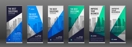 Construction roll up banner design templates set. Abstract geometry with colored cityscape vector illustration on background.のイラスト素材