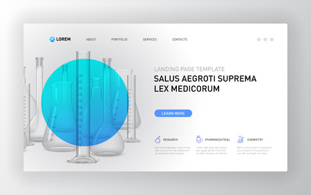 Pharmaceutical landing page template. Modern web page design concept layout for website. Vector illustration. Brochure cover, web banner, website slide.のイラスト素材