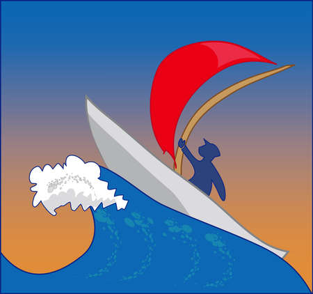 man on the boat with red sail in storm seaのイラスト素材