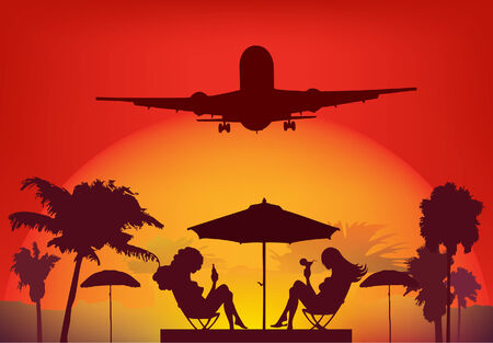 tropical palm beach two girl sitting under sunshade and airplane in the skyのイラスト素材