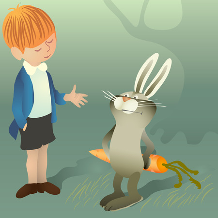 boy talk with rabbit in the forestのイラスト素材