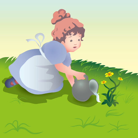small girl to water flower on the meadowのイラスト素材