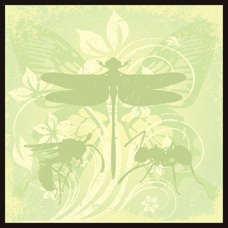 dragonfly and insect on the flower backgroundのイラスト素材