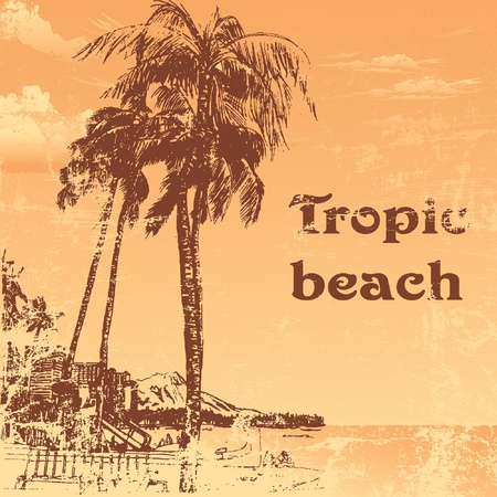 grunge tropic beach palms on the yellow backgroundのイラスト素材