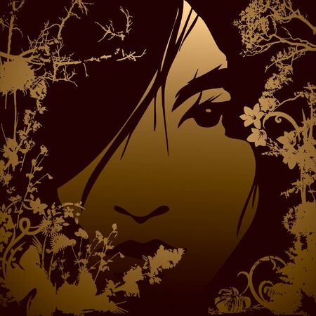 grunge jungle and face of girl on the tropic palm beachのイラスト素材