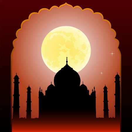 Indian moon night Taj Mahal temple and old archのイラスト素材