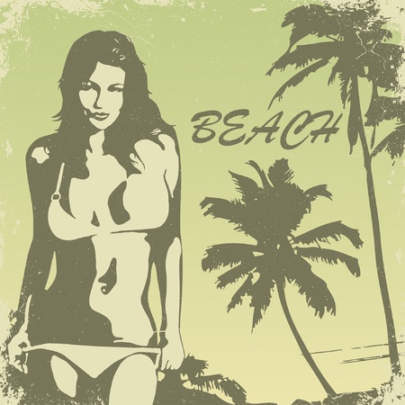 tropical palm beach and girl のイラスト素材