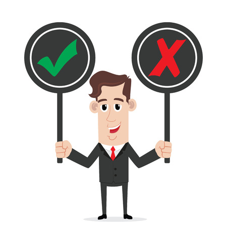 Smiling businessman holding right and wrong signのイラスト素材
