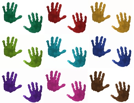 Children hand prints in different colors isolated on white backgroundの写真素材