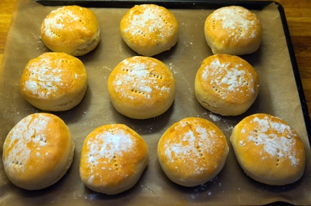 Freshly baked hamburger breads on a plateの写真素材