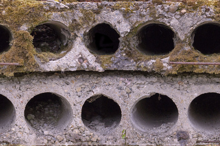 Abstract seamless pattern for designers with ancient concrete panels with holes and yellow green mossの写真素材