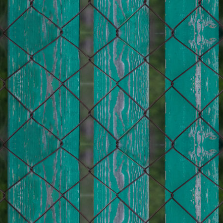 Seamless pattern of very old wooden plank wall with chain-link wire for design and matte paintingの写真素材
