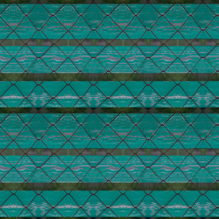 Seamless pattern of very old wooden plank wall with chain-link wire for design and matte paintingの写真素材