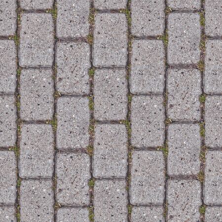 Abstract seamless texture for designers with stone pavement. There are green grass between blocks. Surface of rocks contain corrosion and cracks.の写真素材