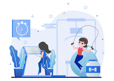 Two women working out at a gym skipping and a treadmill illustrated with tiny people. Vector illustrationのイラスト素材