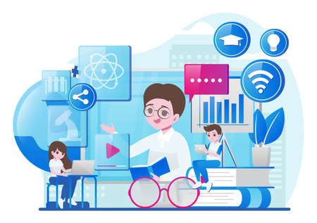 People studying online with laptop. Online education and e-learning. Concept of successful studying, online lesson, modern education. Vector illustration in tiny people design. Vector illustrationのイラスト素材