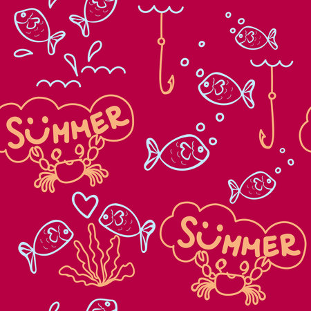 Drawing of fish and crab celebrate summer together on red background. Vector seamless pattern.