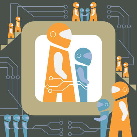 Abbreviation for artificial intelligence (AI) typographic design as robot icon, on chip curcuit background, A troop of robots concept.Vector illustration.のイラスト素材