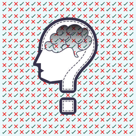 Silhouette of head with transparent brain shape inside question mark symbol, on true or false icon background. Attitude concept. Vector illustration.のイラスト素材