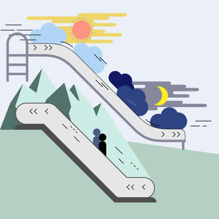 Sun and moon slide down the chute faster and faster. People go up the escalator to the top slower. Different speed showing value of time we should realize. Vector illustration.のイラスト素材