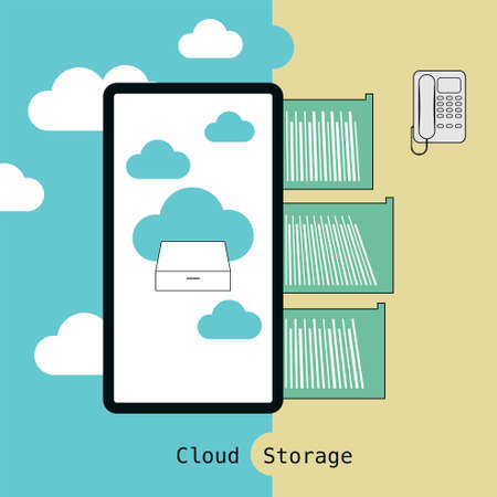 A comparison between document room in the past and cloud storage in present. Vector illustration.のイラスト素材