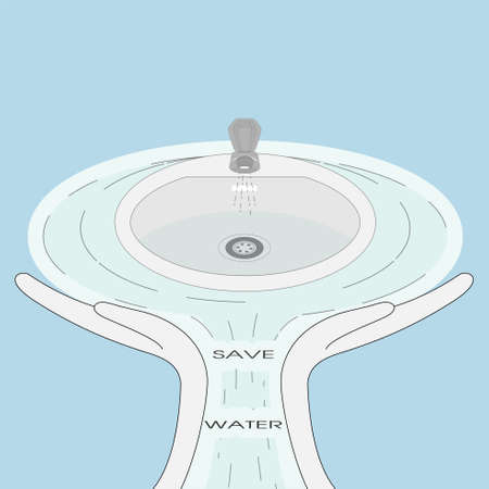 Basin with running water inside of ripples with supporting hand. Lifestyle habit to save water concept. Vector illustration.のイラスト素材