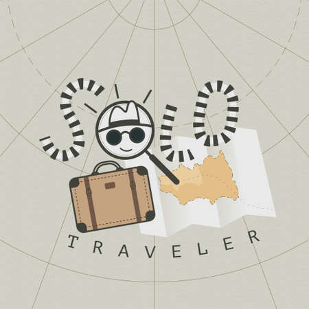 Solo traveler typography on the old map style background. Retro explorer concept. Vector illustration.のイラスト素材