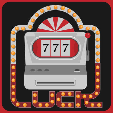 Slot machine inside frame with typographic design in style of lighted cinema sign. Lucky concept. Vector illustration.のイラスト素材