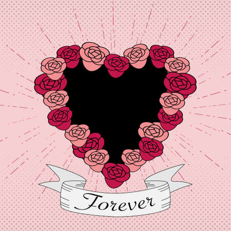 Valentineâs day heart with roses frame. Retro text ribbon and comic style background. Vector illustration.のイラスト素材